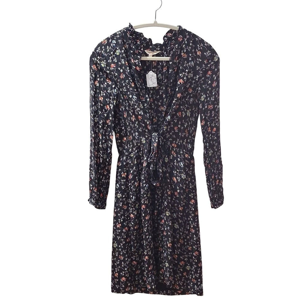 Rebecca Taylor Dress Floral Silk Tie Front Ruffle 6 Black Long Sleeve